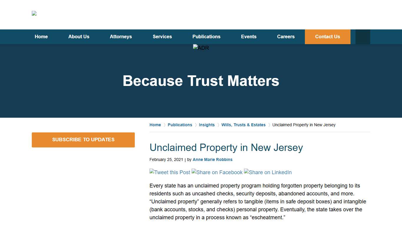 Unclaimed Property in New Jersey — February 25, 2021 — Lindabury, McCormick, Estabrook & Cooper, P.C. Firm News & Events